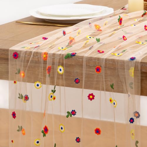 Image of MLMC Spring Floral Table Runner 10ft Seasonal Tulle Daisy Embroidery Table Runner Colorful Flower Holiday Kitchen Dining Table Decoration for Wedding Home Tea Party Outdoor Picnic Decor
