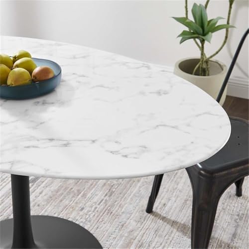 Image of Modway Lippa 54 inch Oval-Shaped Mid-Century Modern Dining Table with Artificial Marble Top and Black Base