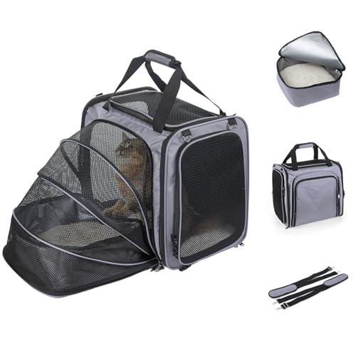 Large Cat Carrier with Litter Box Expandable Cat Carrier for Car Travel 17.3x16.2x13 Soft-Sided Pet Carrier Collapsible Pet Carrier for Car Travel with Lockable Zippers for Medium Large Cat