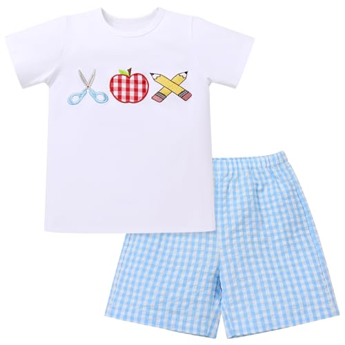 Image of OBEEII Back to School Outfit Toddler Boy Short Sleeve Graphic Shirt Gingham Shorts First Day of School Summer Clothing Set