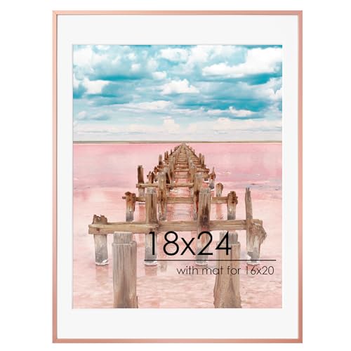 FLYJOE 18x24 Metal Picture Frame For Wall With Mat For 16x20, 18''x24'' Aluminum Photo Frames With Tempered Glass, Minimalist Modern Poster Frame Horizontal And Vertical Formats, Rose Gold