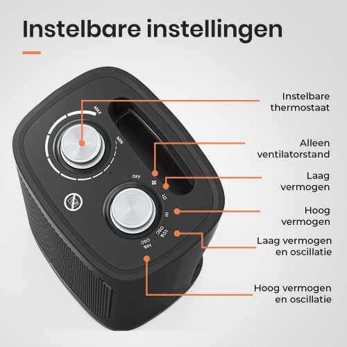 Pro Breeze 1800W Mini Keramische Ventilatorkachel - Ruimteverwarmer met automatische Oscillatie en 2 Warmteinstellingen en alleen ventilatorstand, Mobiele Verwarming - Zwart - Afbeelding 4