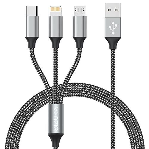 Charger Cable,SIZUKA Multi Charger Cable [1.2M] 3 in 1 Multiple USB Cable Nylon Braided with iPhone Micro USB Type C Cable Connector for iPhone, Android Samsung, Huawei, Nexus, Nokia,LG, Sony, PS4