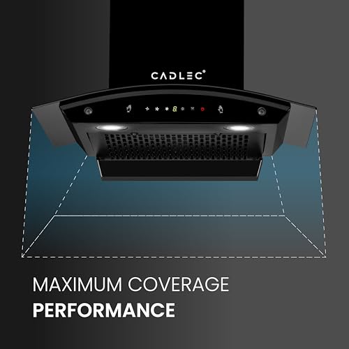 Image of Cadlec CurveFlow 60cm Filterless Curved Glass Kitchen Chimney | 1400 m /hr Powerful Suction | Auto Clean with Oil Collector | Feather Touch + Gesture Control Technology | 20-Year Warranty | Black