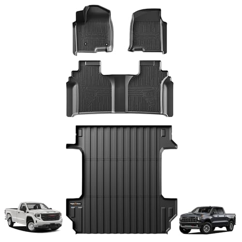 Image of TripleAliners Truck Mat Compatible with 2019-2026 Chevy Silverado /GMC Sierra 1500 5.8FT Crew Cab Accessories, Truck Bed Mat Heavy Duty Custom Fit All Weather Protection TPE Pickup Liner, w /Floor Mats