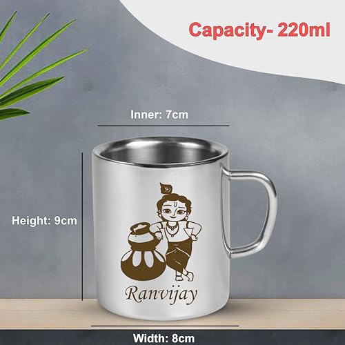 Image of SAVRI Personalized Stainless Steel Mug for Kids with Customized Name Engraved & Cartoon Design | 220 ml Double Wall Insulated Mug for School, Milk, Juice & Water (Krishna)