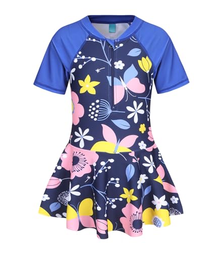 Girls One Piece Swimsuits Hawaiian Skirted Bathing Suit for Kids Girls Summer Swim Dress Short Sleeve Swimwear 3-16 Years