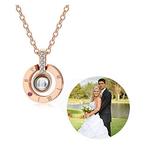 ZLHZW Personalised Picture Projection Necklace for Women - Custom Photo Cute Round Pendant with Rhinestone - Customised Portrait Jewelry - Birthday Anniversary Memorial Gifts for Her - Rose Gold Cover