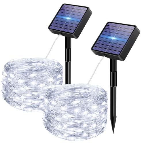 bitjam Lot de 2 Guirlande Solaire Exterieur, 5+2 M 50 LED 8 Mode IP65 Étanches Guirlande Lumineuse Solaire Extérieur Avec Mémorisation Pour Clôture Jardin Balcon Décoration Blanc Froid
