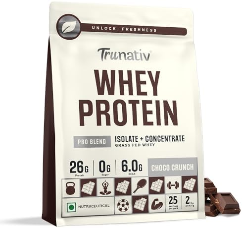 Trunativ Pro Blend Whey Protein Powder Isolate & Concentrate | 100% Light & Clean Protein Powder | 26g Protein | 6g BCAA | 12.52g EAA | No added sugar | Choco Crunch 2lbs (907g)