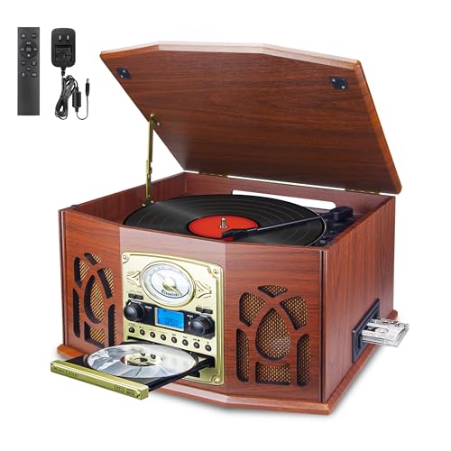 BIGMONAT All-in-One Record Player with 3-Speed Turntable, Cassette Tape/CD Vinyl Record Player,FM Radio, USB, SD Playback,AUX-in, Built-in Speakers,Remote Control