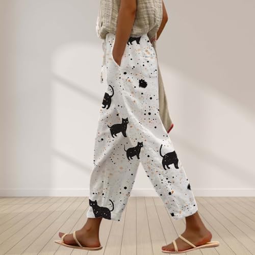 Boho Cotton Linen Pants for Womens Summer Cat Graphic Printed Drawstring High Waisted Capri Pants with Pockets2