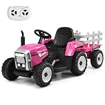 COSTWAY Ride on Tractor and Trailer, 12V Battery Powered Electric Kids Toy Car with Remote Control, LED Lights, USB & Bluetooth Music, Four Wheels Ride on Toys for Children Ages 3+ (Pink)