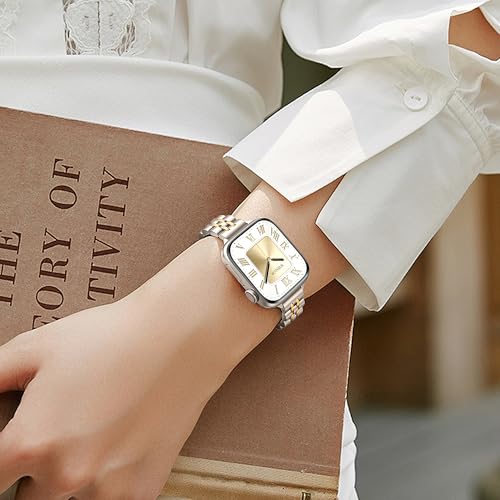 Image of Wipalor Thin Classic Metal Chain Band Fit Slim Apple Watch Bands for women 42mm 44mm 45mm 49mm, Dressy Designer Stainless Steel iWatch Bands for iPhone Watch Series 10 9 SE 8 7 6 5 4 Ultra-Starlight /Gold