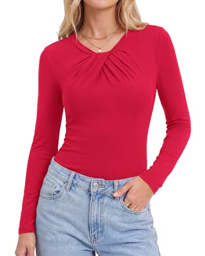 KIRUNDO Long Sleeve Tops for Women Business Casual Outfits Slim Fitted Knit Twist Knot Work Office Shirt Blouse Going Out Top(Red, X-Large)