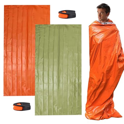 KASESSS 2 Piezas Saco de Dormir de Supervivencia Impermeable, Saco de Dormir Emergencia Reutilizable, Supervivencia Bivy para Vivac, Cámping, Excursionismo, Trekking 215 × 90 cm (Verde,Naranja)