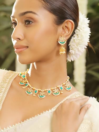 Image of Rubans Necklace Set Gold Plated Kundan Pearl Traditional Stylish Jewellery Gift for Women & Girls