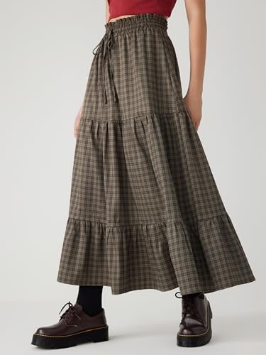 CIDER Elastic Waist Check Knotted Tiered Maxi Skirt2