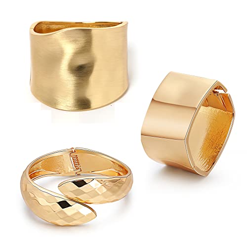 MOZAKA 1-3Pcs Gold Plated Bangle Bracelets for Women Open Hinged Bangle Bracelets Chunky Polished-Finish Wrist Cuff Wrap Bracelets Minimalist Twist-Grooved Wide Cuff Bracelet