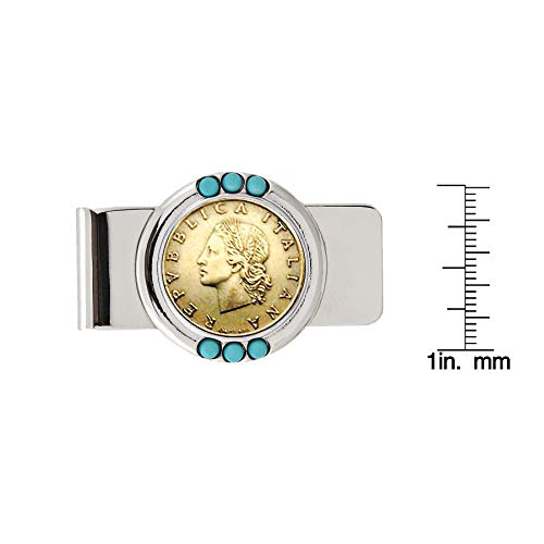 American Coin Treasures Coin Money Clip - Italian 20 Lira | Brass Moneyclip Layered in Silver-Tone Rhodium with Turquoise Stones | Holds Currency, Credit Cards, Cash | Certificate of Authenticity2