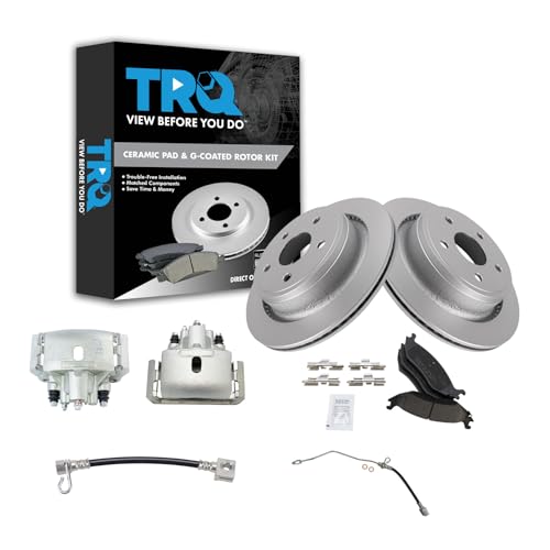 Image of TRQ Rear Brake Pad, Caliper, Hose, & Rotor Kit Ceramic Premium G-Coated Compatible with 2002-2004 Dodge Ram 1500