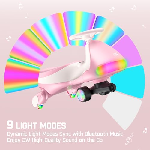FanttikRide 12V N7 Ultra Electric Wiggle Car with Pedal, Kids Car, MagicMute Motor Swing Car, 2 Speeds, 9 Color Modes, Digital Display, Bluetooth, for Ages 3 and Up, 150 Lbs, Pinkish White
