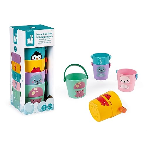 Janod - 5 Spieleimer für die Badewanne - Baby- und Kleinkindspielzeug - Handhabung und Geschicklichkeit - Lernen der Zahlen - Ab 10 Monaten, J04724