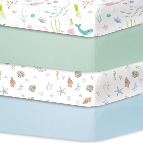 Stretch Sheet pour lit d'enfant, Drap Housse 60x120 lit Bebe, 100% Microfibre, certifié Oeko-TEX Standard 100, Lot de 4，Monde Marin