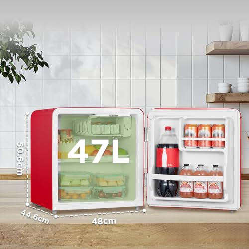 Comfee' RCD50RE2EURT(E) kleiner Kühlschrank, 47 Liter, Retro-Design, Mini-Kühlschrank mit Mono-Tür, einstellbarer Thermostat, leise, geeignet für Zuhause, Büro und Hotel, Rot [Energieklasse E]