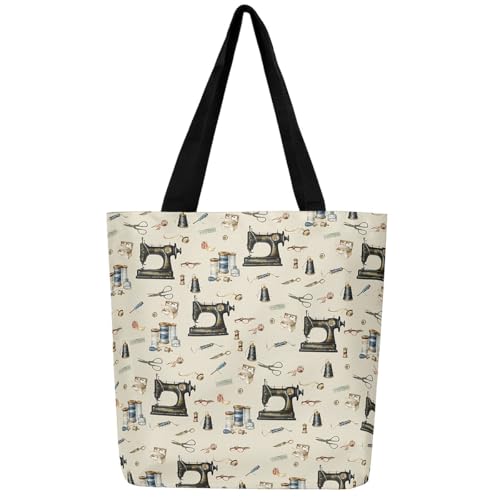 Sewing Theme Reusable Grocery Handbag,Sewing Machine Pattern Canvas Tote Bag