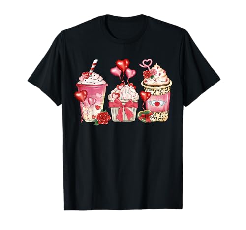 Café Día de San Valentín Leopardo Latte Cupcake Flores Corazones Camiseta