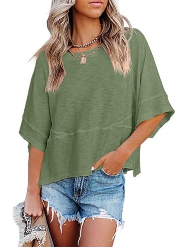Sovelen Women's Summer Casual Crewneck Batwing Half Sleeve T-Shirts Solid Color Loose Fit Cute Basic Flowy Tops Tees Blouses Blackish Green