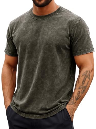 Runcati Mens Short Sleeve T-Shirts 100% Cotton Crew Neck Casual Shirt Vintage Acid Wash Summer Fashion Tees Army Green