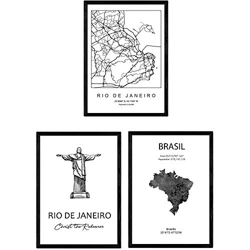 Pack de posters de paises y monumentos. Mapa ciudad Rio de janeiro, monumento Cristo redentor y mapa Brasil. Tamaño A3