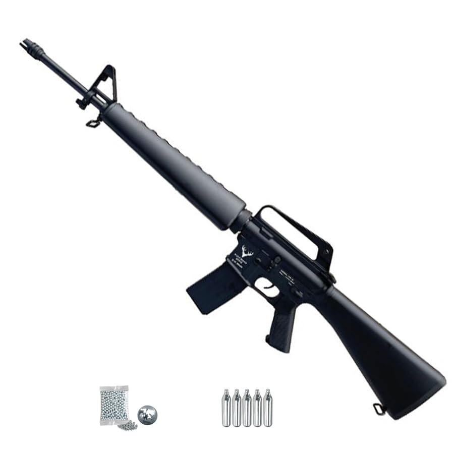 Carabina Hunstman Arms M16 Black CO2 (4,5mm) | Pack Que Incluye: Rifle Tipo metralleta semiautomática de Aire comprimido + CO2 + balines (Bolas de Acero BB's)