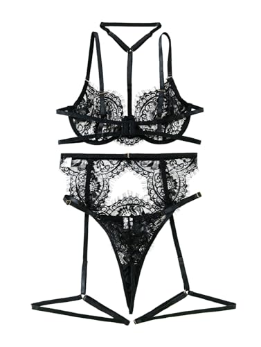 Image of Lilosy Sexy Choker Floral Lace Scallop Sheer Underwire Push Up Garter Belt Lingerie Set 3 Piece