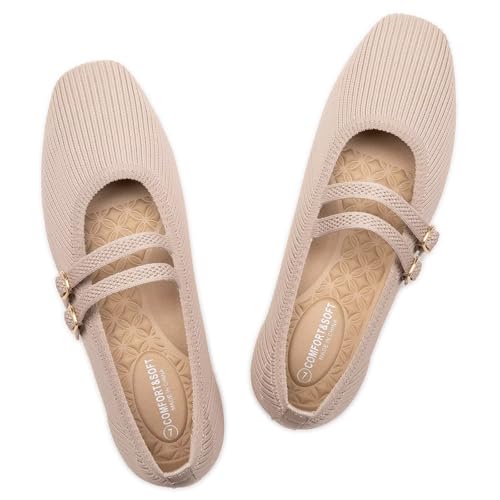 Frank Mully Damen Flats Square Toe Mary Jane Ballerinas mit Riemchen Bequeme Schlupfschuhe Strickschuhe Elegant Casual, Beige, 42 EU Frank Mully Damen Flats Square Toe Mary Jane Ballerinas mit Riemchen Bequeme Schlupfschuhe Strickschuhe Elegant Casual, Beige, 42 EU