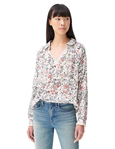 Lucky Brand Women's Long Sleeve V Neck Floral Print Popover Shirt, White Multi, XL