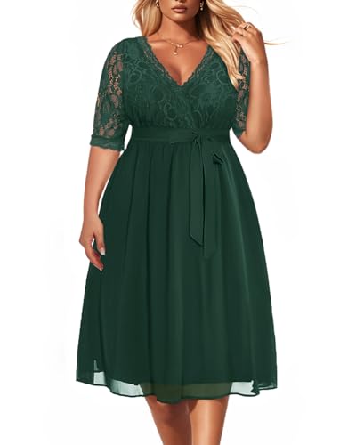 Pinup Fashion Plus Size Emerald Green Dresses Women Cocktail Lace Chiffon...