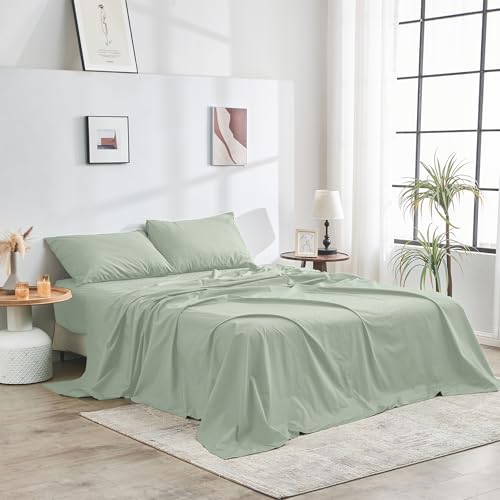 DOZ 100% GOTS Certified Organic Cotton Sheet Set, Crisp Percale Weave, Long Staple, Breathable, Matte Finish, Hotel Style, Durable, 3pc – 2 Pillowcases 1 Fitted (Sage, Full)