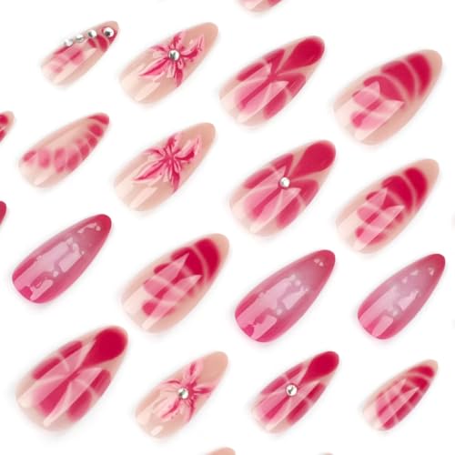 Image of Flower Press on Nails Purple Ombre Fake Nails Medium Almond False Nails with Rhinestone Design 5D Starfish Glue on Nails Glossy Artificial Acrylic Full Cover Spring Stick on Nails for Women Manicure