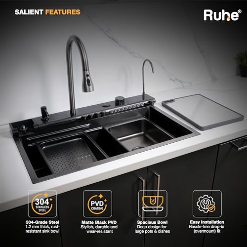 Image of Ruhe Opera Black Smart Waterfall Kitchen Sink | 30x18x9 inches | Digital Display | Pull-Out & RO Faucet | Piano Key Controls | Automatic Cup Washer | 304-Grade Stainless Steel Kitchen Sink