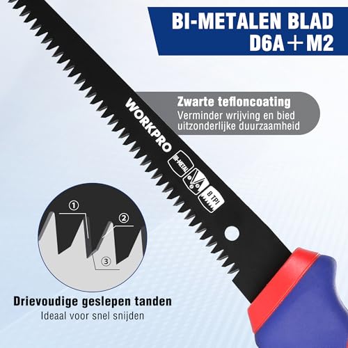 WORKPRO Jab-zaag 150mm met Bimetalen Mes 8TPI Gipskartonzaag Gipsplaat Zaag Jab-handzagen, Ideaal voor Zagen van Gipsplaten Wandbord Multiplex - Afbeelding 4