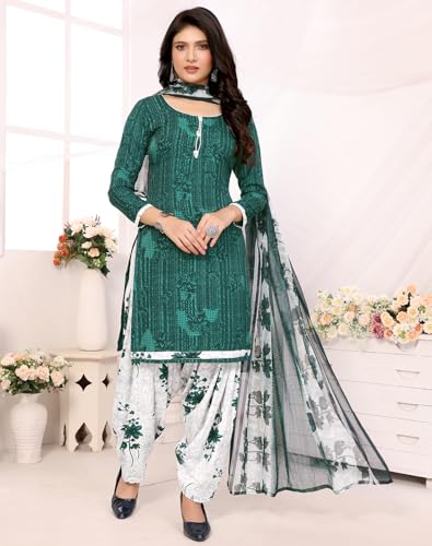 Image of Yashika Women's Printed Dress Material - Unstitched Crepe Fabric Kurti, Pants & Dupatta Set (AZ-YS-P4-NITU GREEN)