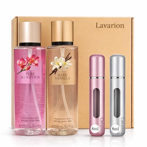 Lavarion Gift Set for Her – VS Bare Vanilla & VS Pure Seduction Body Mist with 8ml Refillable Travel Atomisers – Luxury Body Spray Set