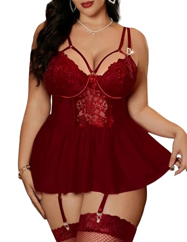 Image of Alrovetoney Plus Size Lingerie For Curvy Women Ruffle Lingerie Set Sexy Lace Lingerie Set Garter Belt With Stockings