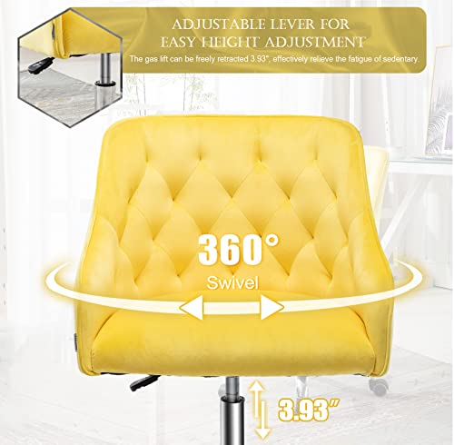 Baysitone Velvet Home Office Desk Chair, Modern Swivel Task Armchair With Adjustable Height, Upholstered Tufted Accent Computer Chair For Home And Office Working Or Studying, Yellow #TOP4