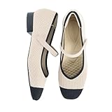 Cusolemore Women's Mary Jane Flats with Arch Support, Square Toe Knit Flats, Comfortable Knit Dress Shoe, Nude and Black Cape Toe Flats for Women Size 8