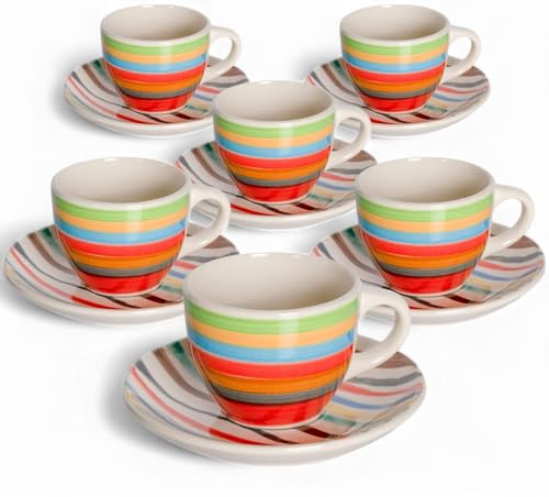 Set Tazzine da Caffè con Piattino in Porcellana Colorate righe Servizio Completo da 12 Pezzi di cui 6 Tazzine e 6 Piattini Lavabili in Lavastoviglie