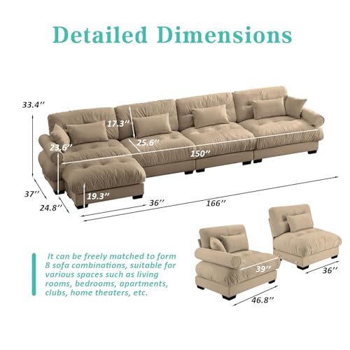 Image of SoarFlash 166 inch Sectional Couches for Living Room, L Shaped Sofa Couch with Velvet Fabric, 4 Seat Modern Sofa with Ottoman, Removable Pillows for Apartment, Brown